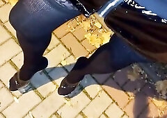 public crossdressing - 7inch stripper shoes and latex mini petticoat