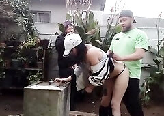 3some outside in the garden during the time that this chab watches