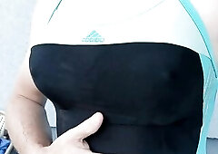 Sissy wearing one piece swimsuit cum in swimming pool. Transsexual on hot bikini. Geting soaked in tights