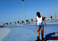 Skateboarding fail of big butt Thai MILF who fucks at home after