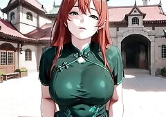 From the scholarly corridor to the quiet bamboo grove, a red-haired hotty in an emerald Qipao wanders throughout dappled light. The scene opens with p