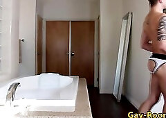 Tattooed twinks buttfucking after soapy bath