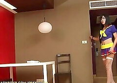 Brunette ladyboy in Snow White costume getting fucked on table