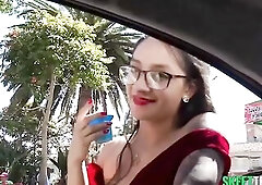 Chick with glasses takes it outdoors and enjoys a large wang for cash
