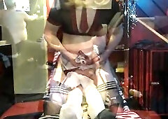 Mrs Samantha is riding golden-haired Transsexual Daphne for a wonderful cowgirl style screw