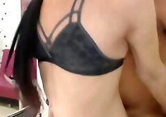 Brunette shemale hammered in front of mirror