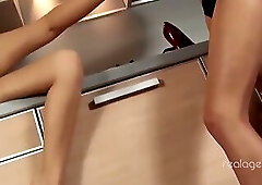Couple of sexy Russian lesbo girls are doing milk enema each other's holes in the kitchen