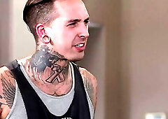 Shemale in tight pink dress gets boned by tattooed dude