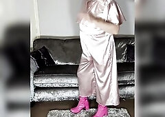 Hawt tv crossdresser Nottstvslut in hawt satin jumpsuit and knee high pvc boots