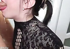 Deep Throat Cum Swallow from sexy Brunette with red lips.