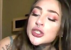 Pierced slut Diavola swallows Hardy Lukes fresh warm semen