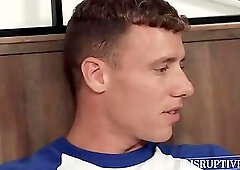 Handsome jock Justin Matthews bareback drills college nerd Trevor Harris