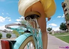 Pantless girl Avi Love is riding her bicycle before a steamy sex with stranger