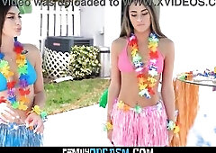 Slim College Chicks Trade their Old Studs Beside the Summer Pool