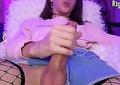 19yo slim Russian shemale tugs her big cock on webcam