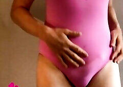 Dutch Crossdressing Transgender Sissy Angel teasing T-girl Dong and Round Booty in Hot Pink Swimsuit