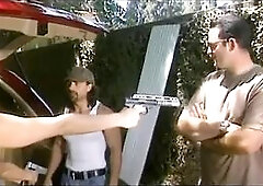 Man ploughs hawt blond broad against tree.