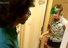 Mercy West rides Dorky Darien on a white hotel bed before he takes her from behind