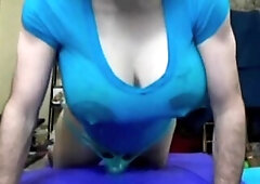 Multi-angle camera shots film this blue-haired tgirl thrust her panty-overspread knob to orgasm. 1st that babe licks up all the juices, shows 'em