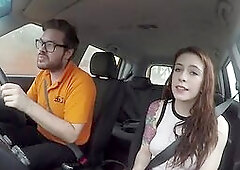 Redhead driving student fucks her instructor in the car