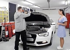 Lady Gang brings her car in for her mechanic Erik Everhard to take a look, but when this guy comes out from beneath the car, this babe's standing