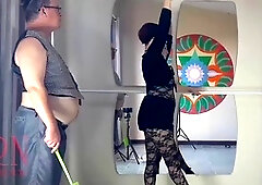 Seductive ballet tutor dominates in fishnet gimp outfit and ballet slippers (Part 2)