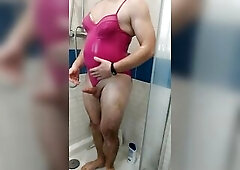 Tgirl get shower im hot pink swimsuit