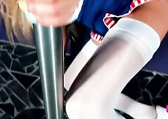 Sexy Blond in white nylons and cosplay outfit gets her firm titties and large weenie out to play with an anal toy unfathomable inside her very taut t-