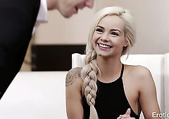 Flirty blonde babe Elsa Jean spreads legs to be fucked missionary on the table