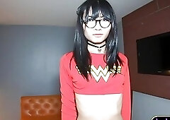 Skinny Asian shemale sucks a fat dick and gets rammed