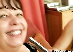 Chunky brunette hair granny riding dong whilst interview POV