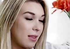 Beautiful blonde tranny with tats blows a dude and fucks