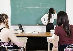 Georgia then begins unbuttoning her shirt showing off her bazookas The beauties are crazy to touch 'em The students began undressing so that they