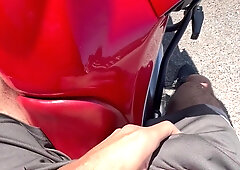 Hefty wood 23cm sensitized in cut-offs sans lingerie taking a motorbike rail on the street