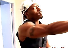 Beefy black hunk wanking off his cock solo