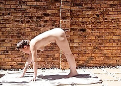 Inked mother I'd like to fuck warming up her muscles by doing different kinds of stretches stripped outside. Those in nature's garb yoga mov