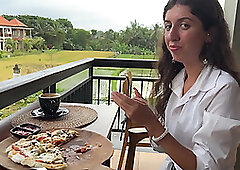 Eating pizza with cum on my face in a public cafe