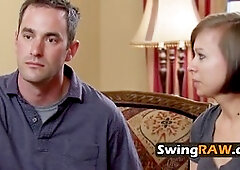 Double the pleasure: Two naughty swinger hotties share one massive cock in a wild swinger sex party.