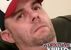 Hot jock masturbates his cock and sprays cum after interview