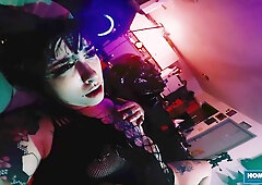 Tattooed dark-haired beauty Tenshii Tushii takes cock deep before riding doggy style