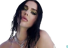 Large booty and bazookas brunette hair Playmate centerfold chick exposes anything