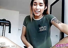 Cute shemale amateur masturbates and cums all over her body