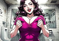 A breasty aged woman searching for prey in a chaps's public restroom