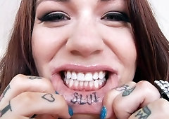 Tattooed bitch Karmen Karma rocks a sequined bikini that showcases her curves