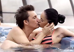 Old4k. senior man tenderly fucks stunning dark haired after relax in the jacuzzi