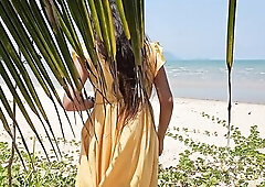 No Brassiere No Pants on Publilc Beach # Red Ass Plug below Yellow costume