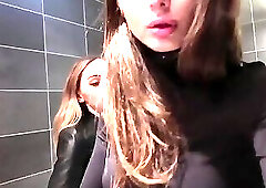 Shemale fucks female in public restroom