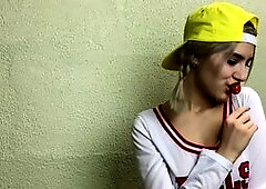 Babe with naked tits licks lollipop and then suck rigid penis