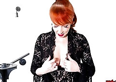 Red XXX masturbates in ebony lace and boots