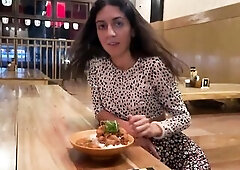 I suck ramrod in the throne-room of a sushi bar and eat rolls with cum on my face